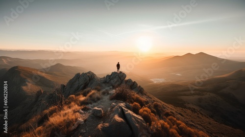 A person standing on top of a mountain at sunset. AI generative image. photo