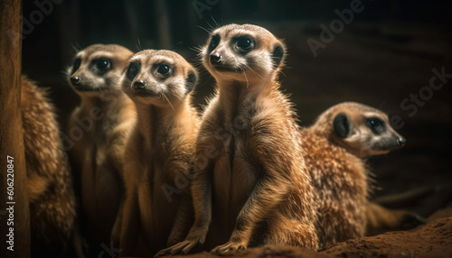 Small group of meerkats standing alert in Africa generated by AI