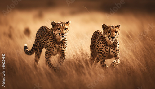 Spotted cheetah walking in African wilderness area generated by AI