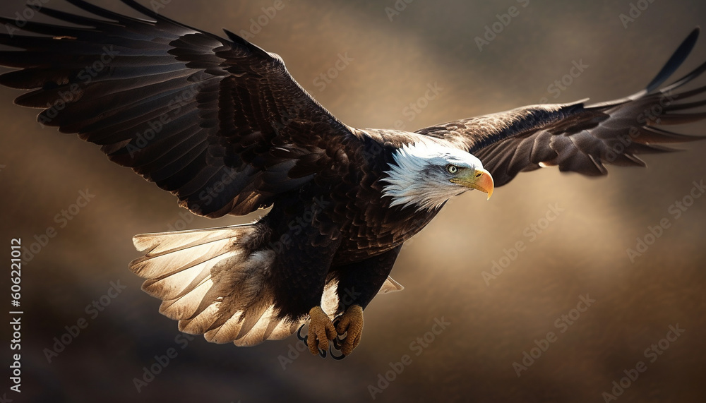 Obraz premium Majestic bald eagle spreads wings in flight generated by AI