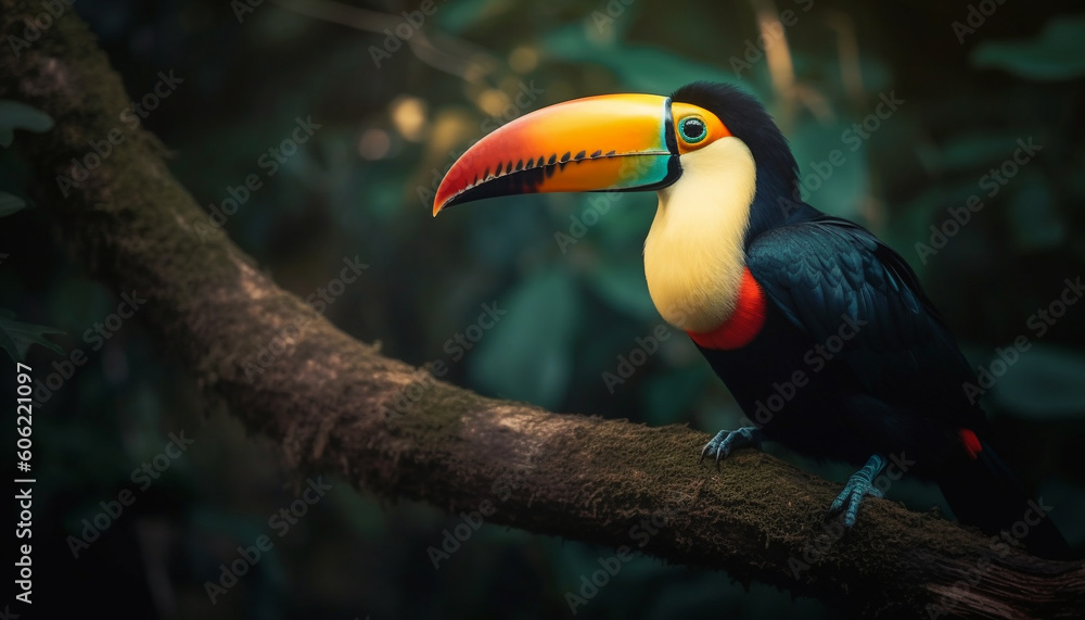 Tropical toucan perches on branch generated by AI Tropical toucan perches on branch generated by AI