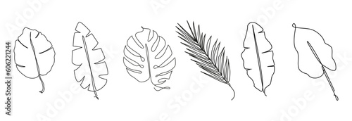 Tropical leaves one line drawing.Continuous line drawing of tropical palm leaf.Single one line exotic palm leaf .Leaves outline sketch.Jungle plant leaf line art.Set tropical leaves.