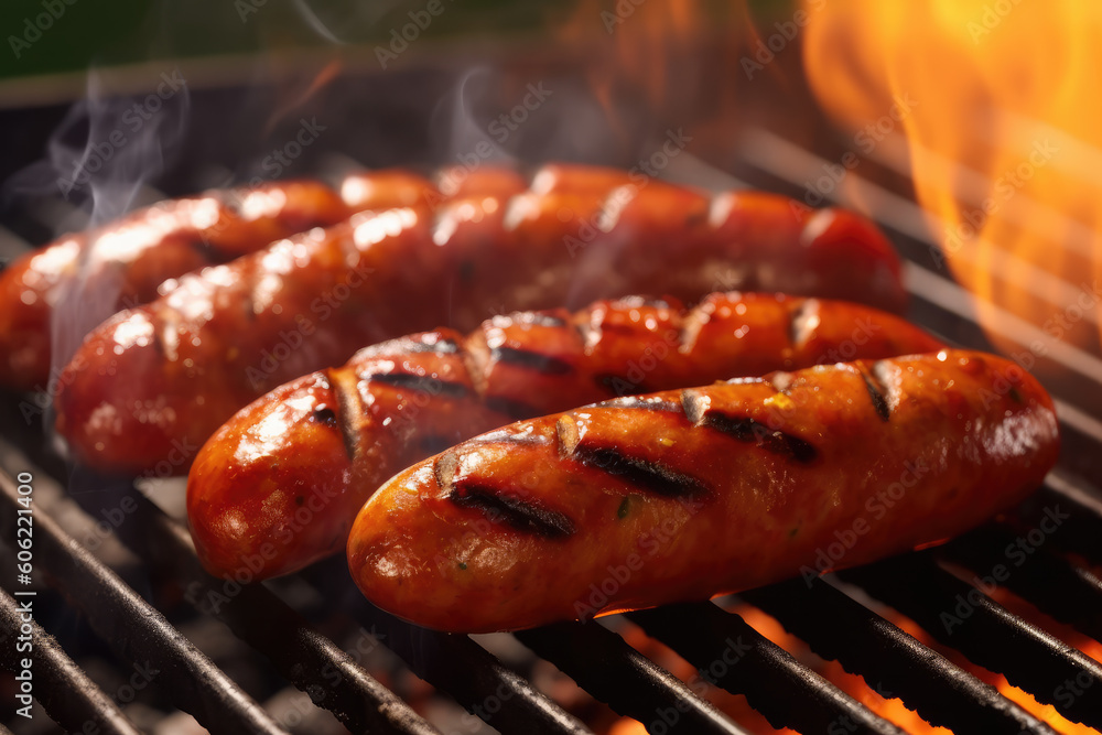Barbecue sausage on skewers on the grill, barbecue party food. Generative AI. Barbecue sausage on skewers on the grill, barbecue party food. Generative AI.