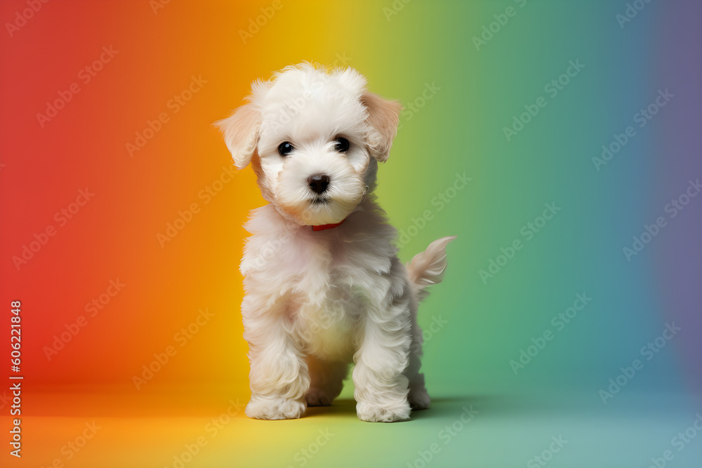 Cute puppy portrait rainbow background studio shot Cute puppy portrait rainbow background studio shot