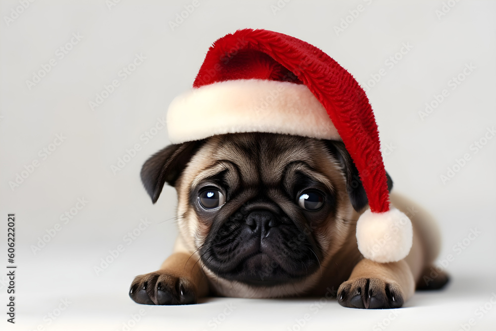 Cute Pug puppy wearing Santa Claus hat portrait studio shot