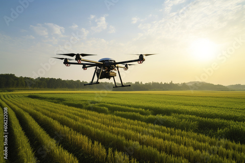 Drone spraying crops. Agricultural drone dropping pesticides on field. Generative AI.