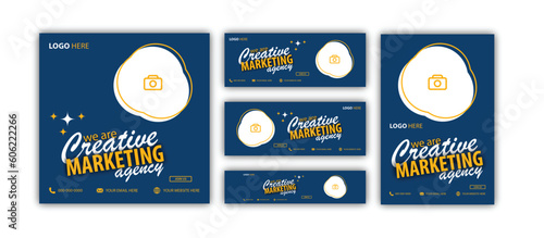 creative marketing social media post template. Modern banner design with blue color ribbon decoration and place for the photo.	