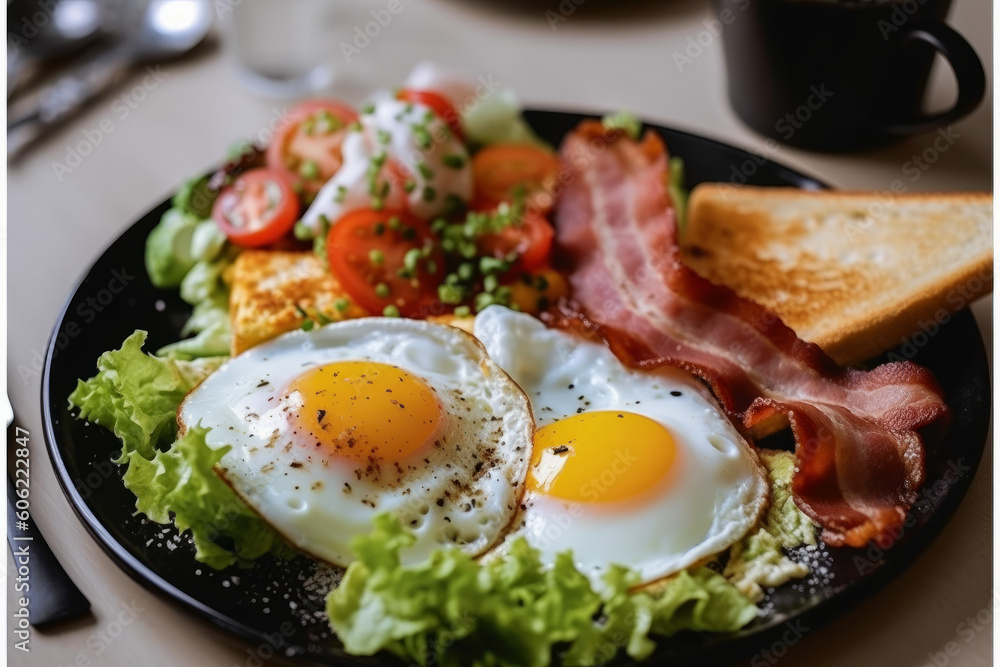 Breakfast on the plate with fried eggs, bacon, lettuce, avocado, cherry tomato, cream cheese, toast, created with Generative AI Technology Breakfast on the plate with fried eggs, bacon, lettuce, avocado, cherry tomato, cream cheese, toast, created with Generative AI Technology