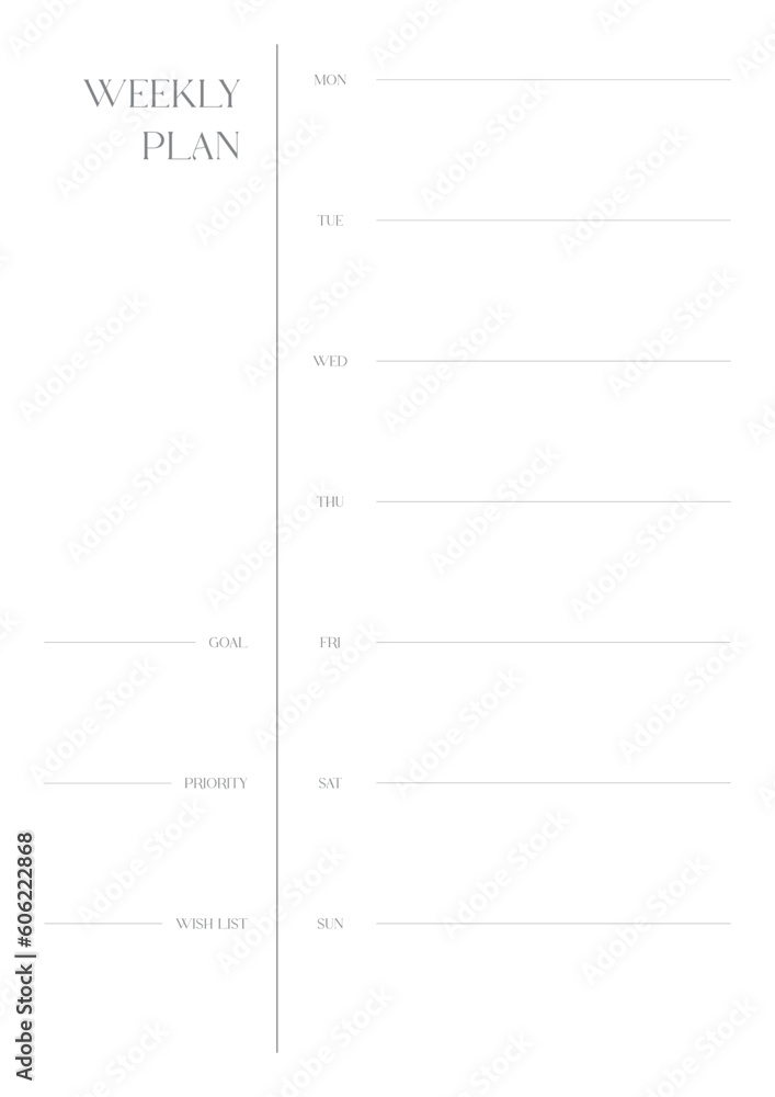 A weekly plan design template in a modern, simple, and minimalist style. Note, scheduler, diary, calendar, planner document template illustration. A weekly plan design template in a modern, simple, and minimalist style. Note, scheduler, diary, calendar, planner document template illustration.