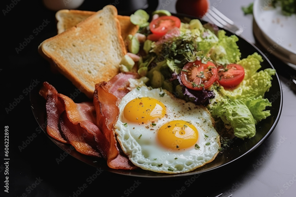 Breakfast on the plate with fried eggs, bacon, lettuce, avocado, cherry tomato, cream cheese, toast, created with Generative AI Technology Breakfast on the plate with fried eggs, bacon, lettuce, avocado, cherry tomato, cream cheese, toast, created with Generative AI Technology