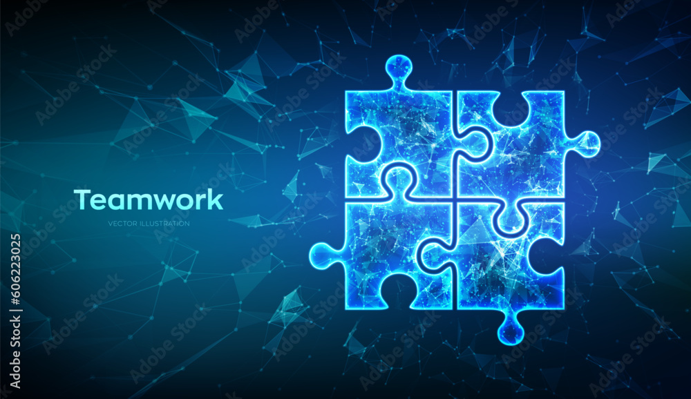 Teamwork. Puzzle elements. Team metaphor. Symbol of teamwork, cooperation, partnership, association and connection. Low polygonal puzzle pieces. Business concept of of connecting. Vector Illustration. Teamwork. Puzzle elements. Team metaphor. Symbol of teamwork, cooperation, partnership, association and connection. Low polygonal puzzle pieces. Business concept of of connecting. Vector Illustration.