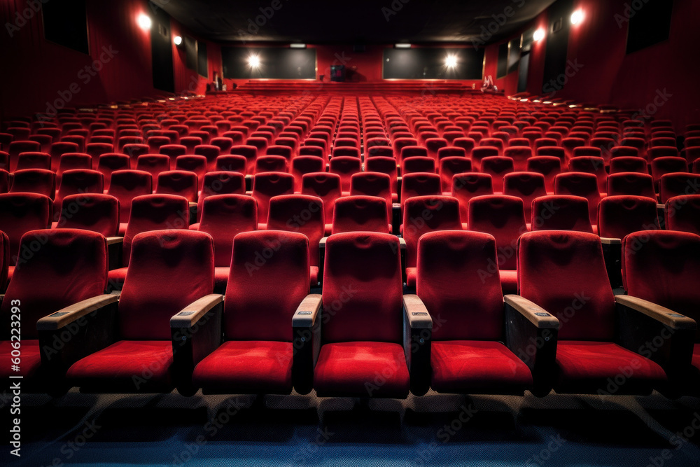 Empty red chairs in cinema with nobody, created with Generative AI Technology - obrazy, fototapety, plakaty 