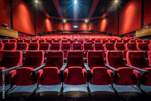 Empty red chairs in cinema with nobody  created with Generative AI Technology