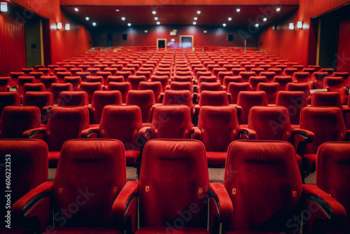 Empty red chairs in cinema with nobody, created with Generative AI Technology