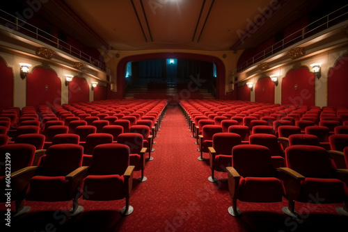 Empty red chairs in cinema with nobody, created with Generative AI Technology