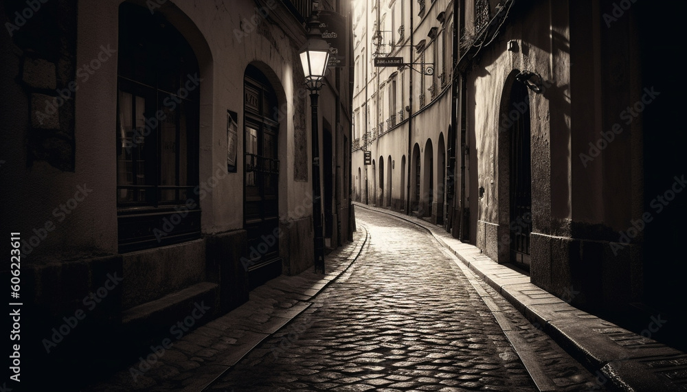 Narrow old street, vanishing point, gothic architecture generated by AI Narrow old street, vanishing point, gothic architecture generated by AI
