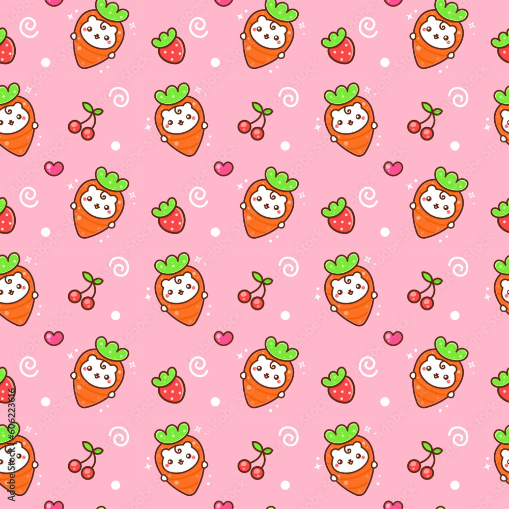 Kawaii pattern with carrots, strawberries and cherries on pink background
Kawaii pattern with carrots, strawberries and cherries on pink background
