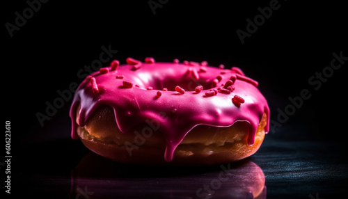 Indulgent donut with chocolate icing and strawberry cream generated by AI