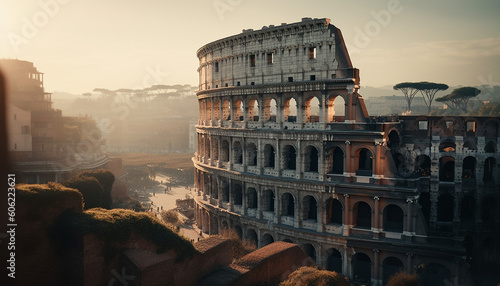 Sunset illuminates ancient ruins in Italian cityscape generated by AI