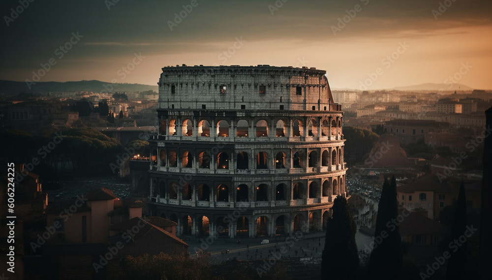Sunset illuminates ancient Italian ruins in panoramic view generated by AI