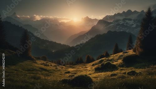 Majestic mountain range, tranquil meadow at dusk generated by AI