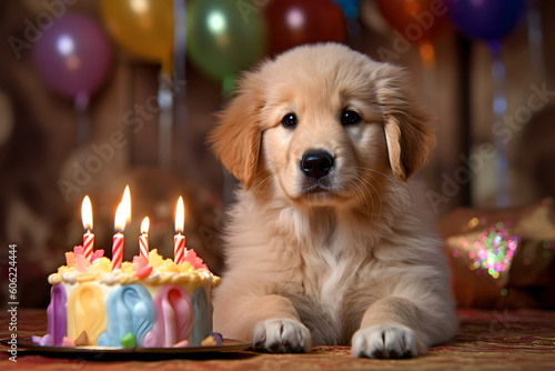 Cute fluffy puppy with birthday cake portrait studio shot
