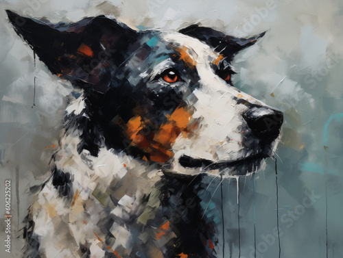 An impressionism style oil painting portrait of a black and white dog Generative Ai
