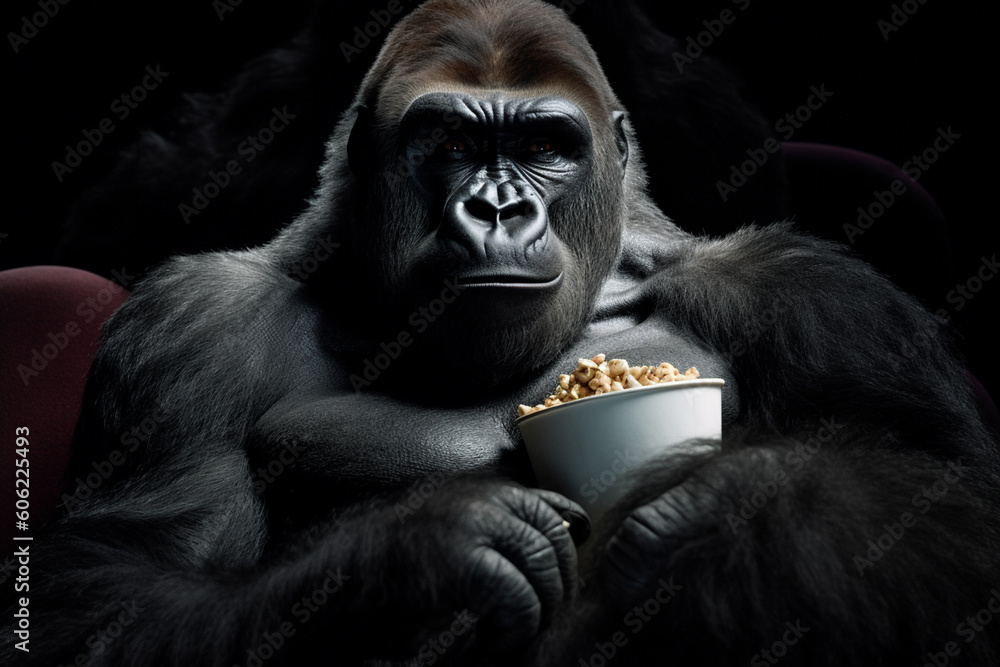 cute gorilla carrying popcorn in cinema