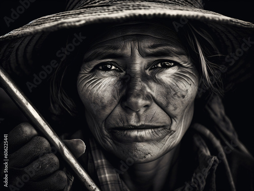 A black and white portrait of a woman with a straw hat Generative Ai