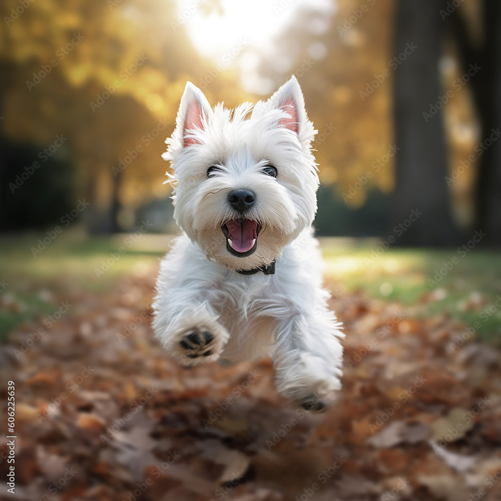 Cute West Highland terrier puppy running in the park created with Generative AI tools