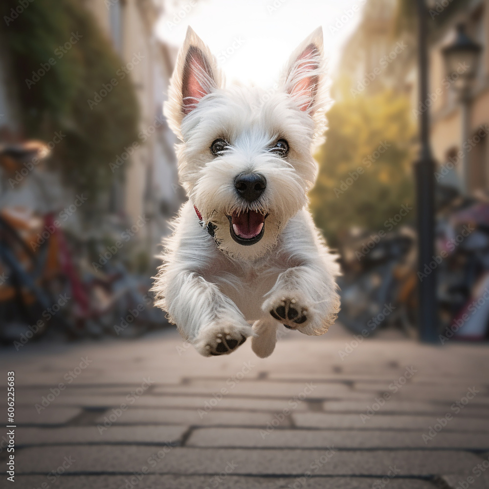 Cute West Highland terrier puppy running in the streets created with Generative AI tools Cute West Highland terrier puppy running in the streets created with Generative AI tools