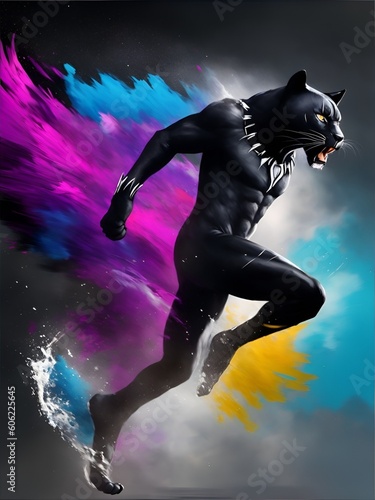 A black panther running in mid-air in a show of colors, in an effect of watercolor ink splatters in the air. AI generated and human created by me.