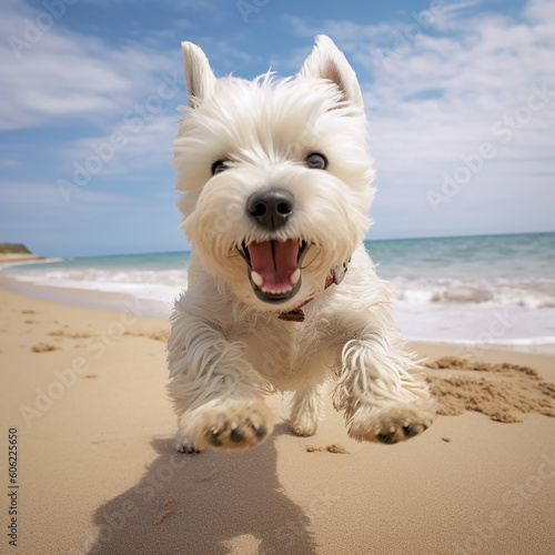 Cute West Highland terrier puppy running on the beach created with Generative AI tools