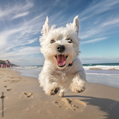 Cute West Highland terrier puppy running on the beach created with Generative AI tools