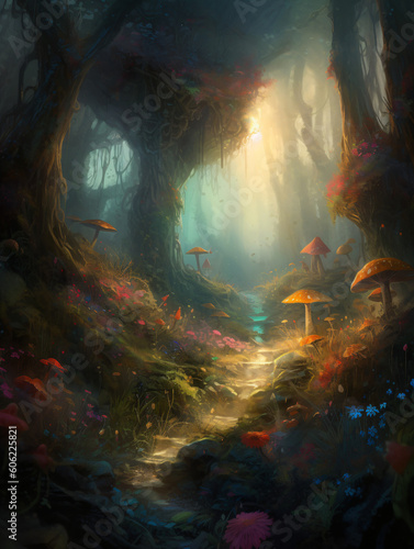 A path through a forest with mushrooms Generative Ai