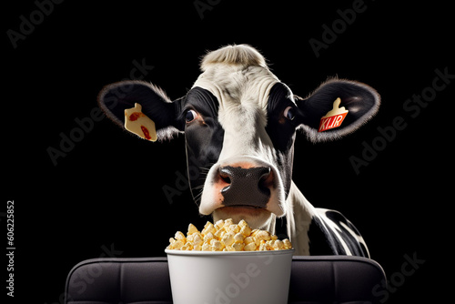 cute cow carrying popcorn in the cinema photo
