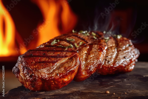 Barbecued grilled angus meat, rump steak, rump steak, flank steak, ancho steak, close-up. Generative AI. photo