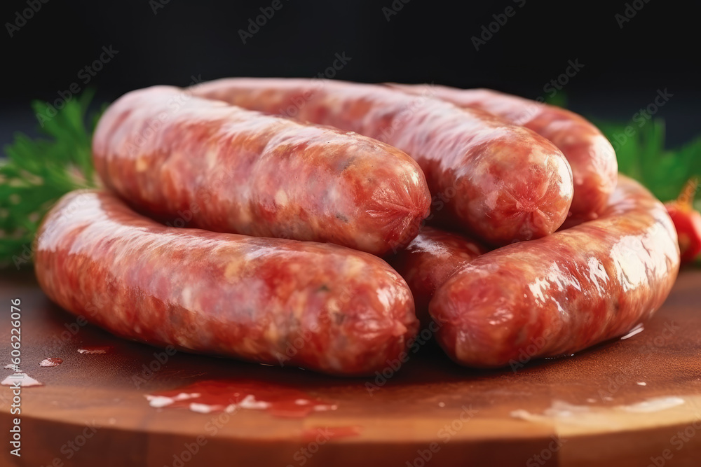 Raw sausage for barbecue on the grill, on the wooden board, barbecue party food. Generative AI. Raw sausage for barbecue on the grill, on the wooden board, barbecue party food. Generative AI.