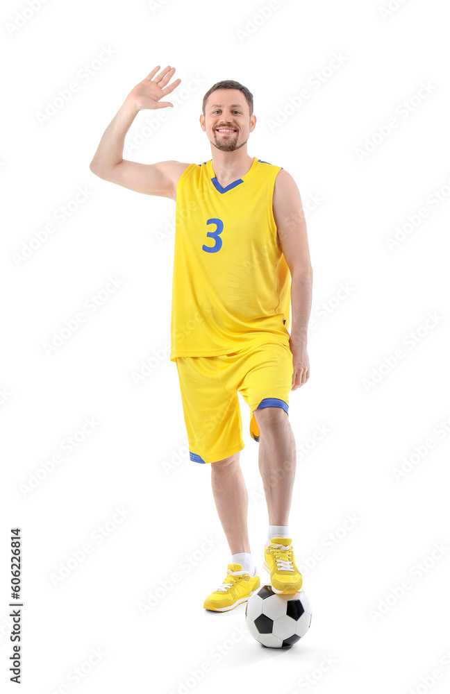 Male football player with soccer ball waving hand on white background Male football player with soccer ball waving hand on white background