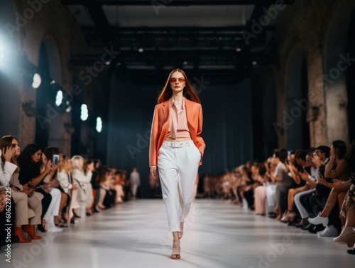 A model walks down the runway at a fashion show. AI generative image.