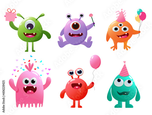 Monster birthday set vector design. Birthday cute monster and mascot collection holding party elements. Vector illustration colorful character costume.
