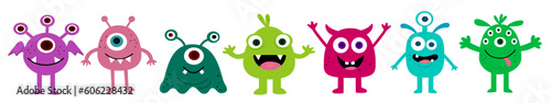 Monster character set vector design. Cute monster, mascot, alien and emoticon characters collection. Vector illustration halloween and birthday cartoon banner design. 