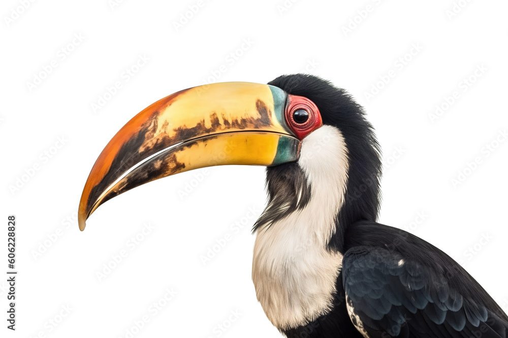 Image of hornbill on a white background. Bird. Wild Animals. illustration. Generative AI. Image of hornbill on a white background. Bird. Wild Animals. illustration. Generative AI.