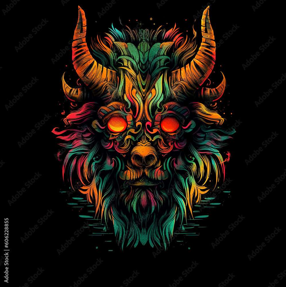 Image of cyberpunk goat mask with colorful patterns on black background. Wildlife Animals. Illustration. Generative AI.