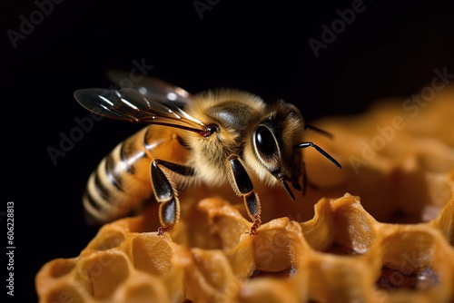 Image of bee on honeycomb. Insect. Animals. illustration. Generative AI. photo