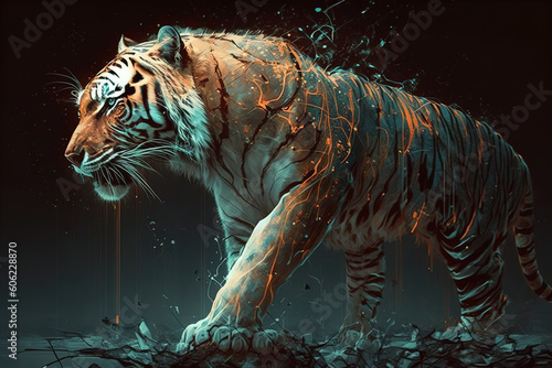 Image of a tiger with beautiful colors on a dark background. Wildlife Animals. Illustration, generative AI. © yod67