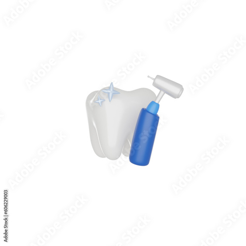 Tooth with Dental handpiece 3D render icon isolated white background.