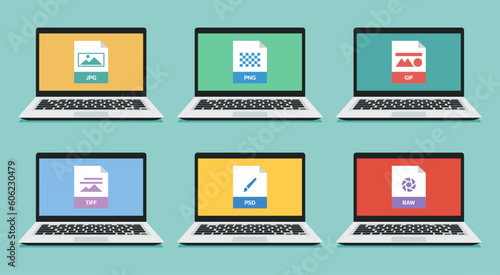 set of photo type such as JPG, PNG, GIF, PSD, TIFF, and Raw file format icon on laptop screen, vector flat illustration