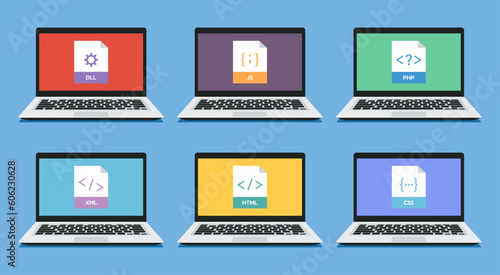 set of document file format icon on laptop screen for programmer or developer, vector flat illustration