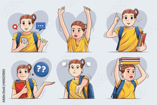 School Kid Student Vector Character Set. Back to School Cute Girl Student Characters